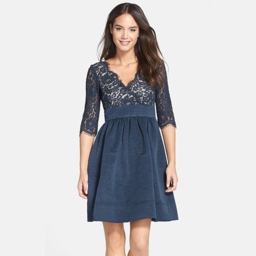 Eliza J Lace & Faille Women's Navy Blue Fit Flare Empire Waist Evening Dress 2